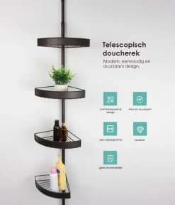PROSIN® Telescopisch Doucherek - Shower Rack - Shower Caddy - Mat Zwart - Verstelbaar 108-274cm - 4 Lagen - Badkamerrek - Hoekrek - Opbergrek - Keukenrek - Kruidenrek - Keukenrek Staand