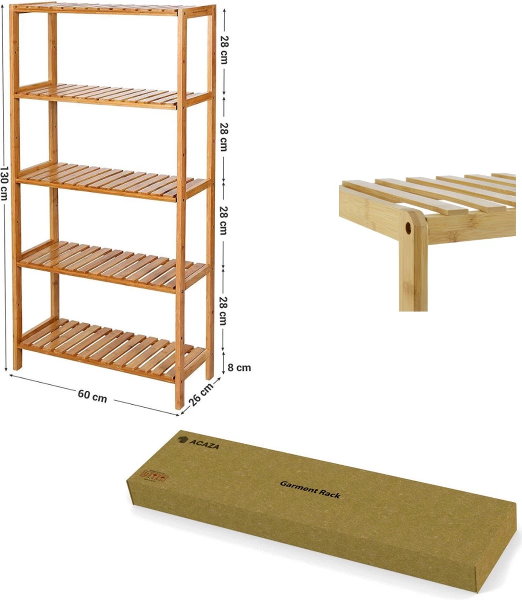 Badkamer Rek Met 5 Etages - Opbergrek Met Verstelbare Planken - 130 Cm Hoog En 60 Cm Breed - Bamboe - Afbeelding 3