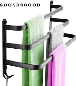 Merkloos Soondsgood Luxe 3 Laags Handdoekrek - Zelfklevend Of Boren - Zwart - Eenvoudige Installatie - Badkamer - Handdoekenrek - Handdoekhouder - 50x14x25cm