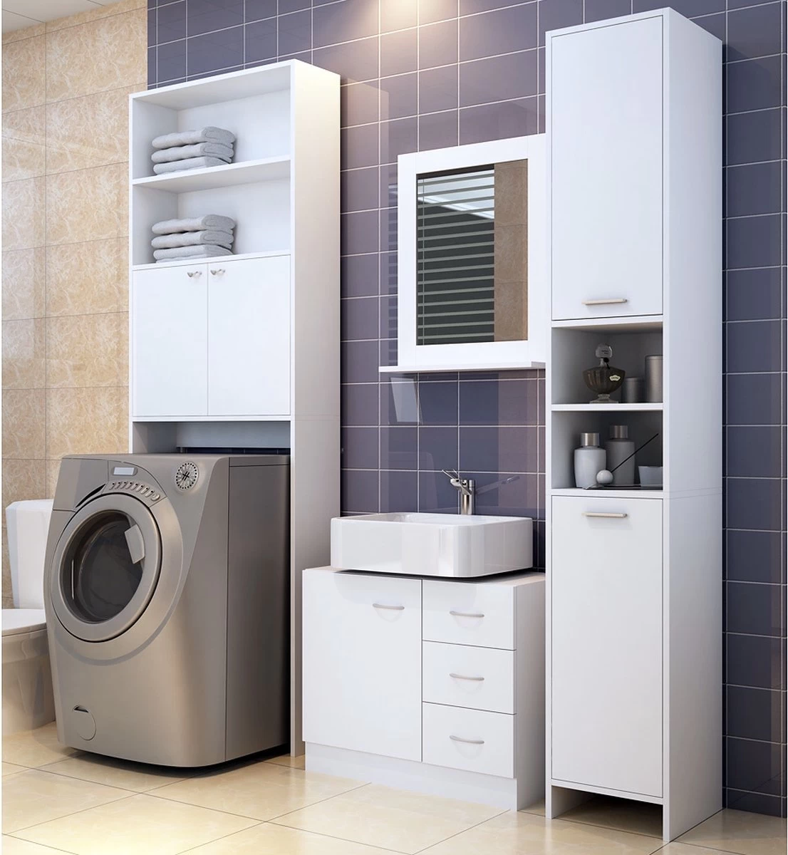 Deuba Badkamermeubel 3 Lades 63x54x30cm Wit Wastafelmeubel Onderkast - Afbeelding 5