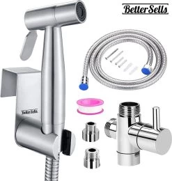 BetterSells® Bidet Handdoucheset - Shattaf - Bidet Sproeier Uit Geborsteld RVS - Inclusief Slang, T-stuk & Wandhouder