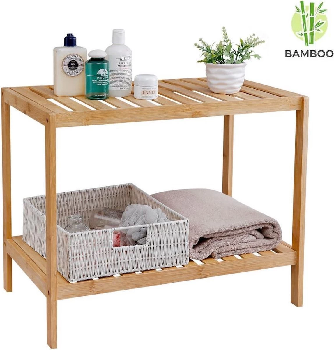 Merkloos Decopatent® Houten Bankje Van Bamboe - Badkamer - Opbergrek - Badkamerkast Rek - Open Badkamerbankje - Opbergen Handdoeken Rek - Afbeelding 7