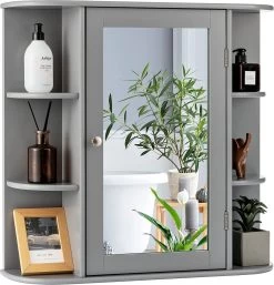LUXGOODS Spiegelkast, Badkamerkast Met Spiegel, Aan De Muur Bevestigd Opbergkast, Houten Hangend Kast Met Verstelbare Planken & Open Compartimenten, Multifunctioneel Medicijnkastje Voor Badkamer, Woonkamer, Keuken, 66 X 63 X 16,5 Cm (Grijs)
