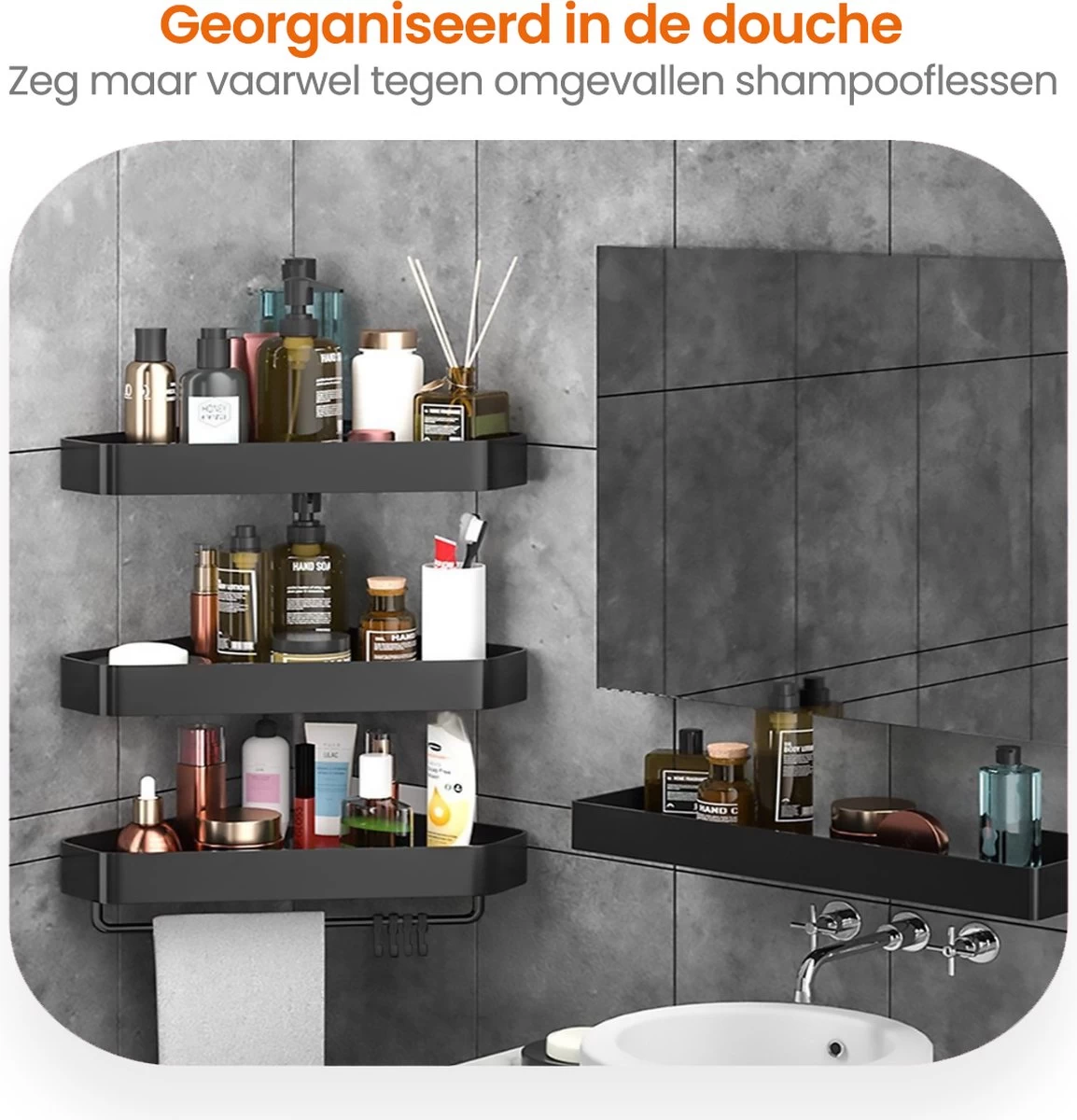 Goliving Doucherek 2 Laags - Doucherek Zonder Boren - Doucherekje Hoek - Douchemandje - Badkamerrek - Badkamer Accessoires - Zwart - Afbeelding 6