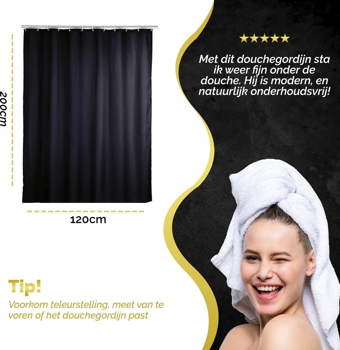 HGMD Douchegordijn 120x200 - Zwart - Wasbaar - Douchegordijn Anti Schimmel - Afbeelding 6