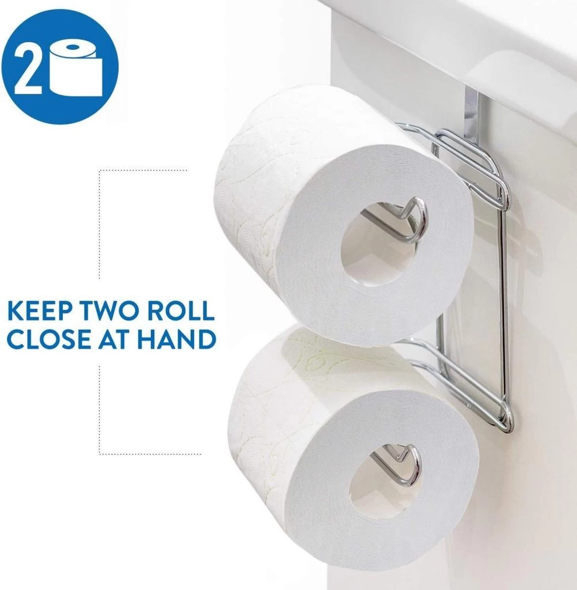 Wonderworker Clever - Hangende RVS Toiletpapier Houder - WC Rolhouder Hangend Verchroomd - Closetrolhouder - Reserverolhouder - WC Rol Houder - Dubbele Closetrolhouder - Zonder Boren & Schroeven - Geschikt Voor Toiletpot/Over De Deur - Verchroomd - Afbeelding 7