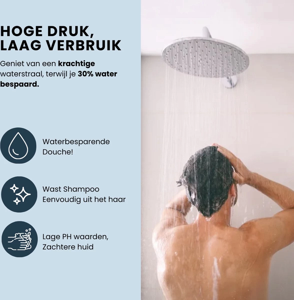 EcoRain – Regendouchekop XL 30 CM – Waterbesparende Douchekop – Hoge Druk – Rechthoekig – Groot – Regendouche - Zwart - Afbeelding 5