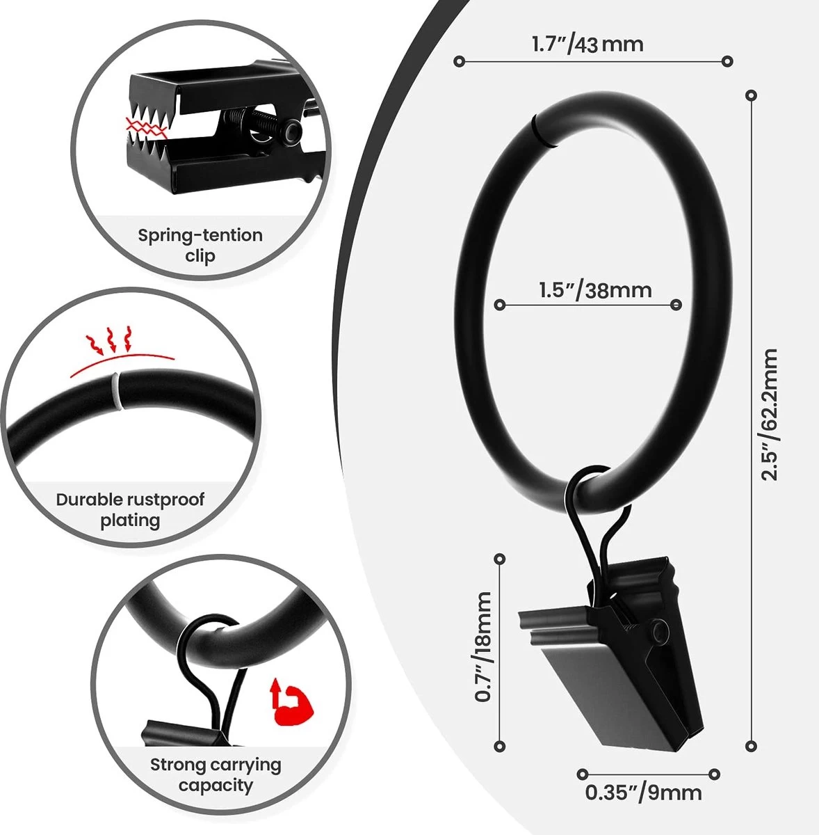 BOTC Gordijnringen Met Klem - 38 MM - Zwarte - Sets Van 20 Stucks - Afbeelding 3
