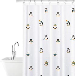 FUNNY PENGUINS - Waterdicht Douchegordijn - Met GRATIS 12 Ringen - Anti-Schimmel Badkamer Gordijn - Wasbaar - 100% Polyester - Pinguins Design - 180X180 CM