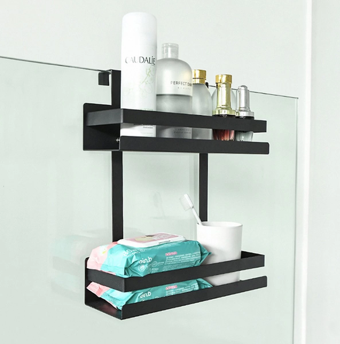 Doucherek Hangend - Ophangbaar Doucherek Matzwart - Twee Lagen - Badkamerrek - Doucherek Zonder Boren - 2 Laags - Badkamer Accessoires - Afbeelding 12