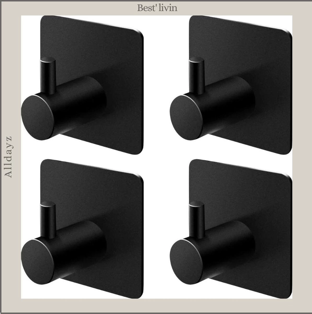 Merkloos Handdoekhaak 4 + 1 GRATIS Set Zonder Boren - RVS - Zwart - Vierkant Zelfklevend - Badjas - Theedoek Hanger Keuken Badkamer Handdoek Haakjes