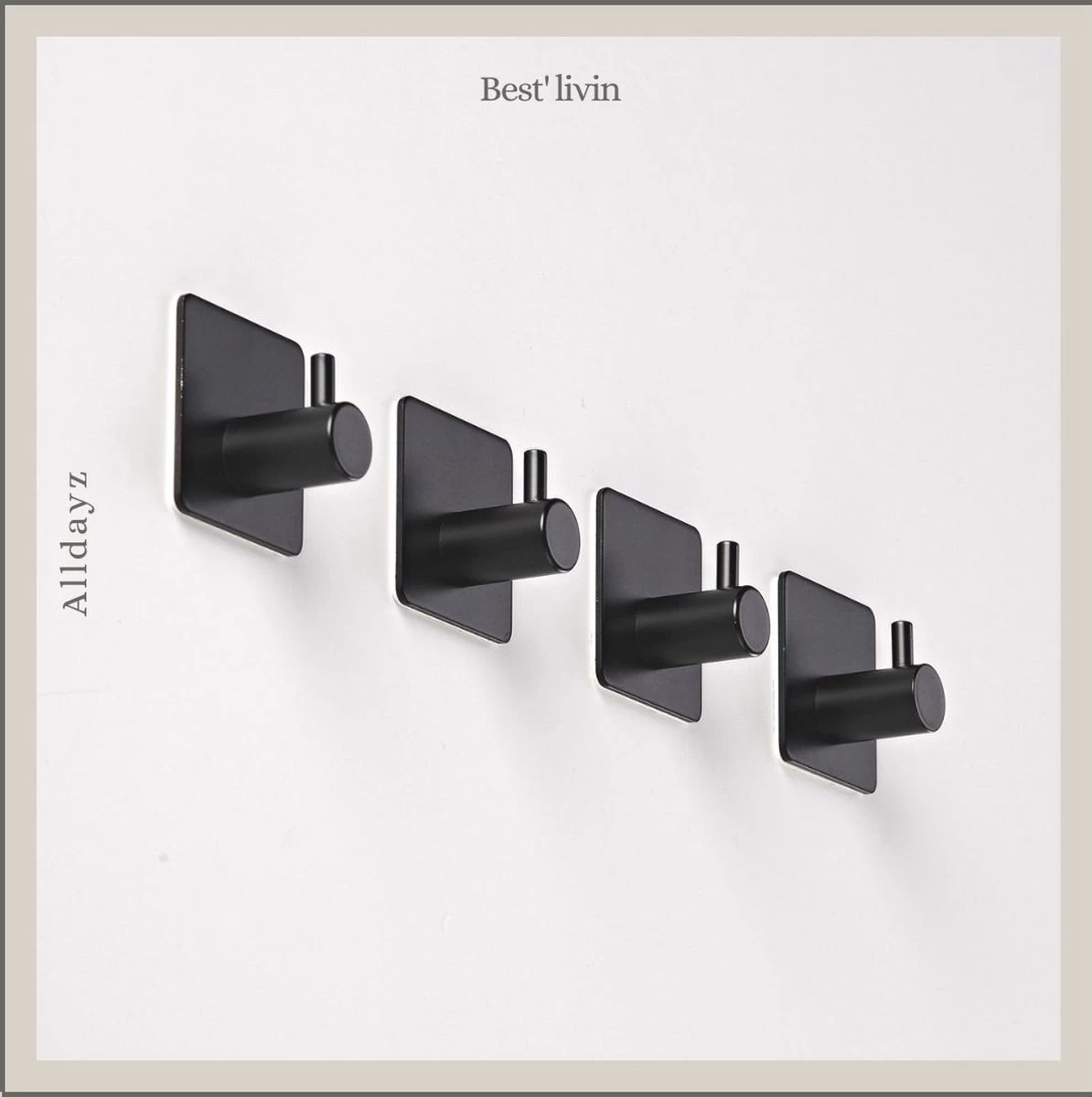 Merkloos Handdoekhaak 4 + 1 GRATIS Set Zonder Boren - RVS - Zwart - Vierkant Zelfklevend - Badjas - Theedoek Hanger Keuken Badkamer Handdoek Haakjes - Afbeelding 3