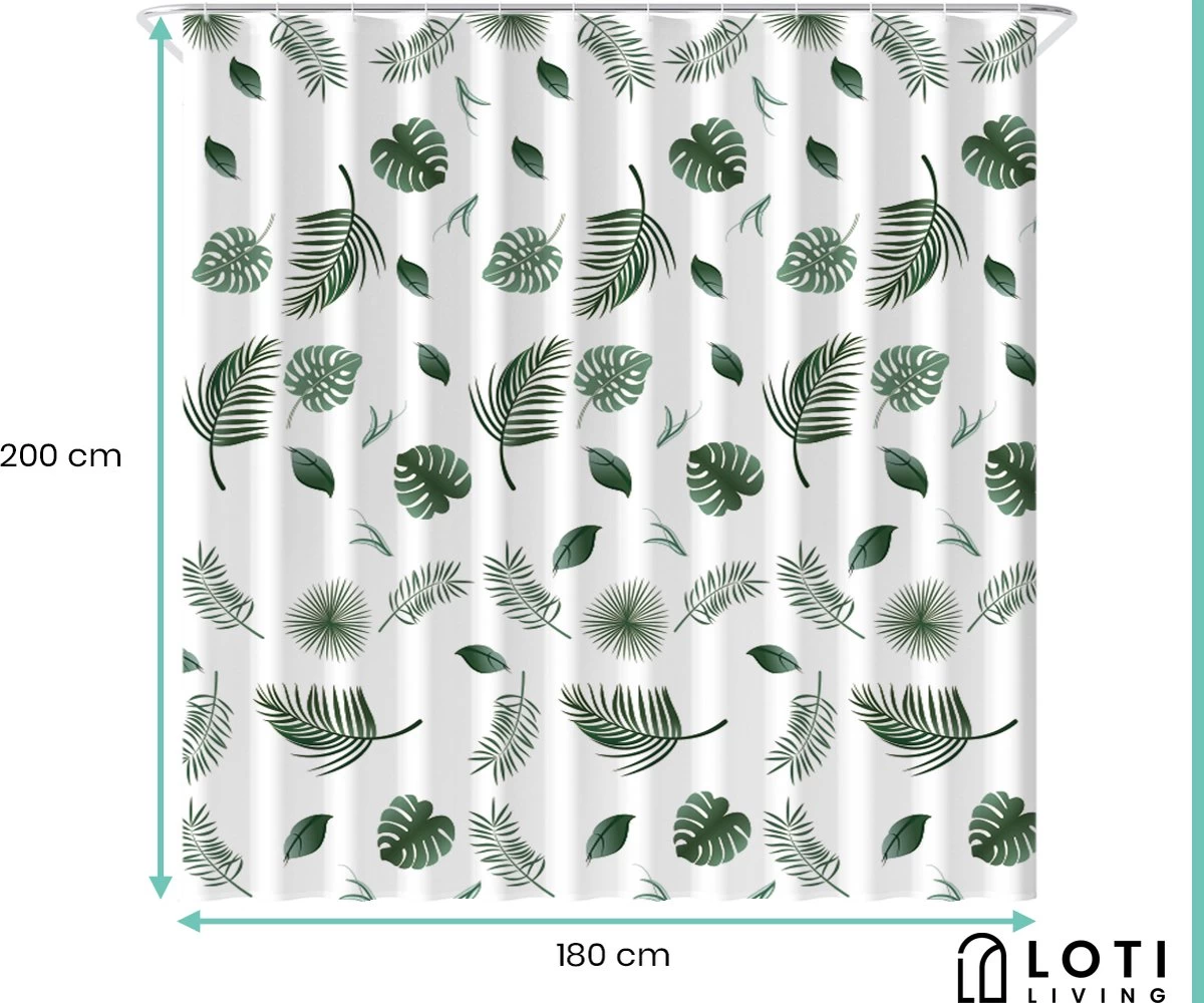 Loti Living Douchegordijn Anti Schimmel – Blaadjes - Inclusief Ringen – Waterdicht - Polyester - Douchegordijn 180x200 Cm - Afbeelding 5