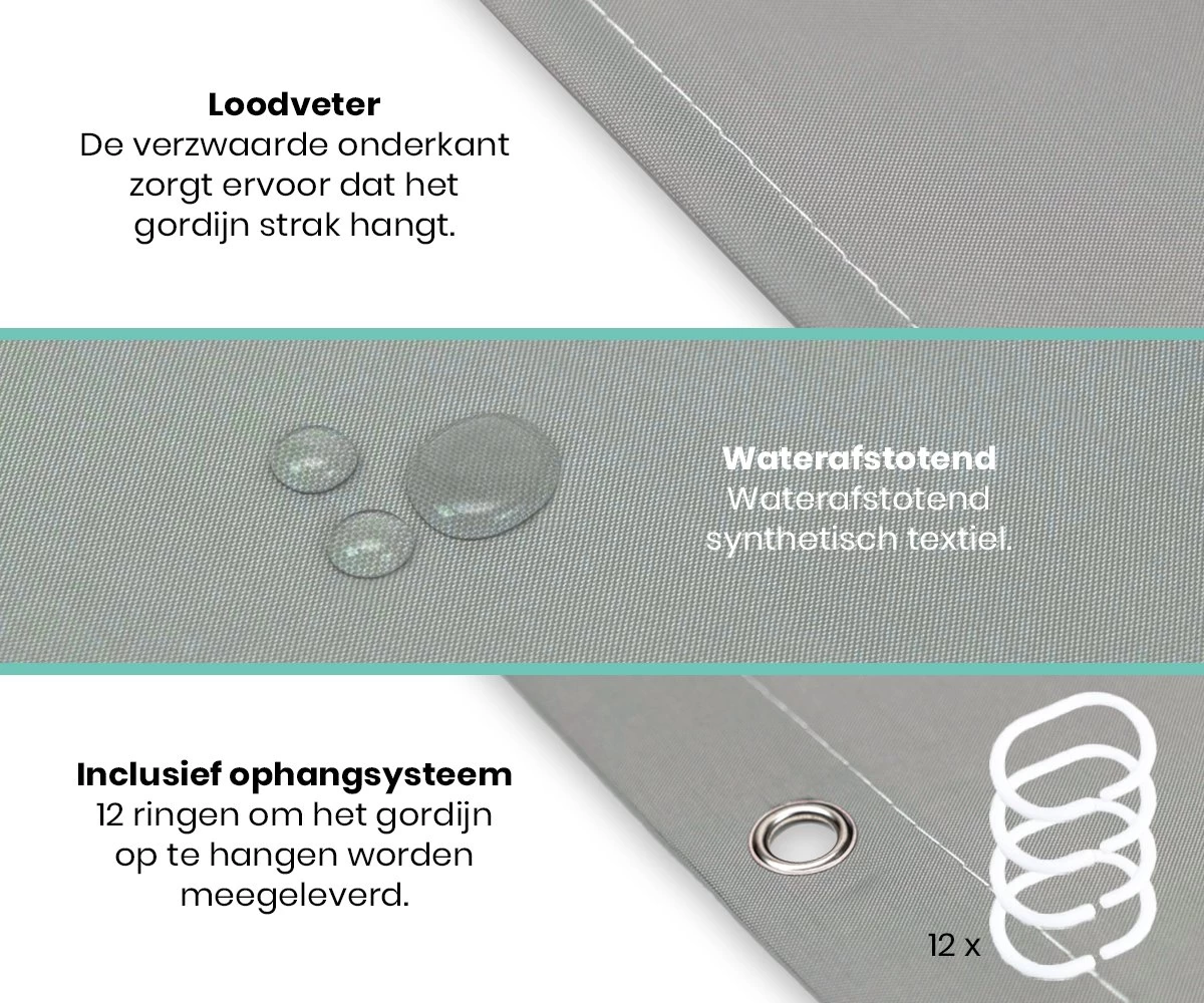 Loti Living Douchegordijn Anti Schimmel – Grijs - Inclusief Ringen – Waterdicht - Polyester - Douchegordijn 180x200 Cm - Afbeelding 2