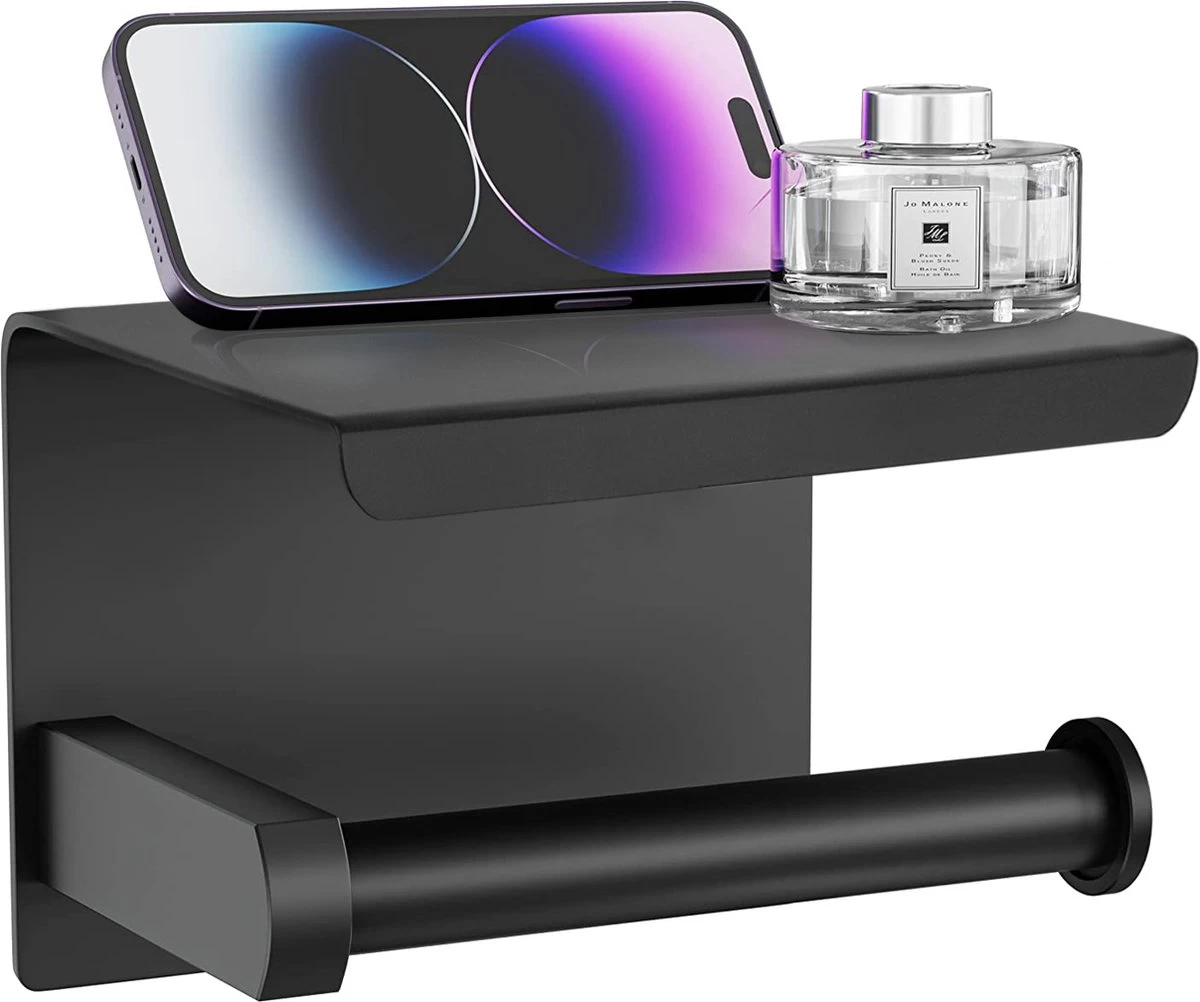 Strex WC Rolhouder Met Plankje - Zwart - Zelfklevend / Boren / Zonder Boren - Toiletrolhouder - WC Papier Houder