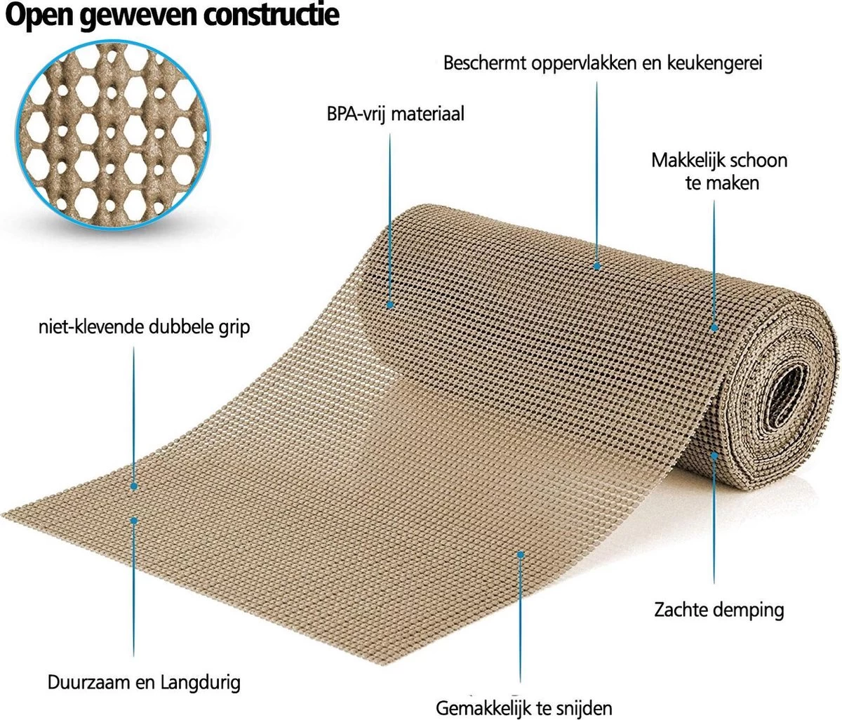 SWILIX ® Antislipmat Voor Kasten En Lades, Douchemat - Badkamermat - Badmat, Dienblad, Vloer - 4 Meter Rol - Anti Slip Mat - 400 X 30 Cm - Beige - Afbeelding 2