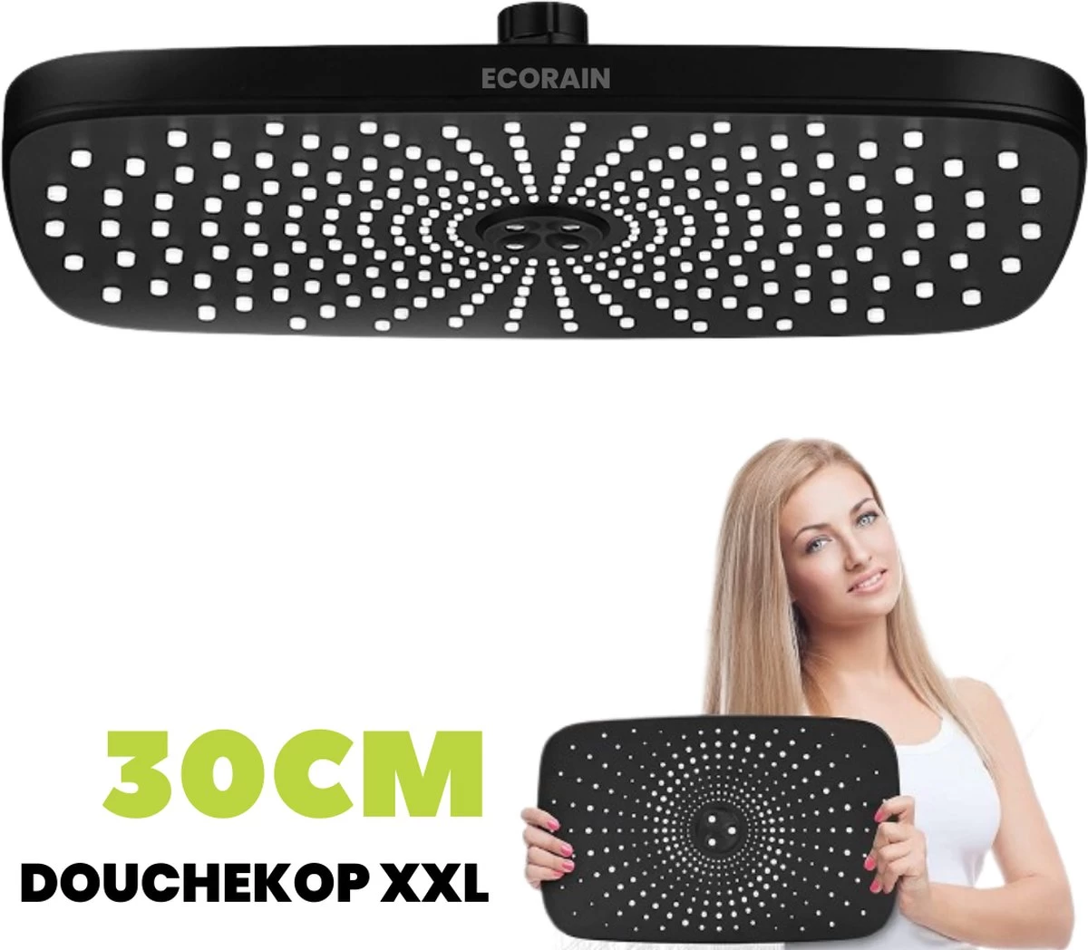 EcoRain – Regendouchekop XL 30 CM – Waterbesparende Douchekop – Hoge Druk – Rechthoekig – Groot – Regendouche - Zwart