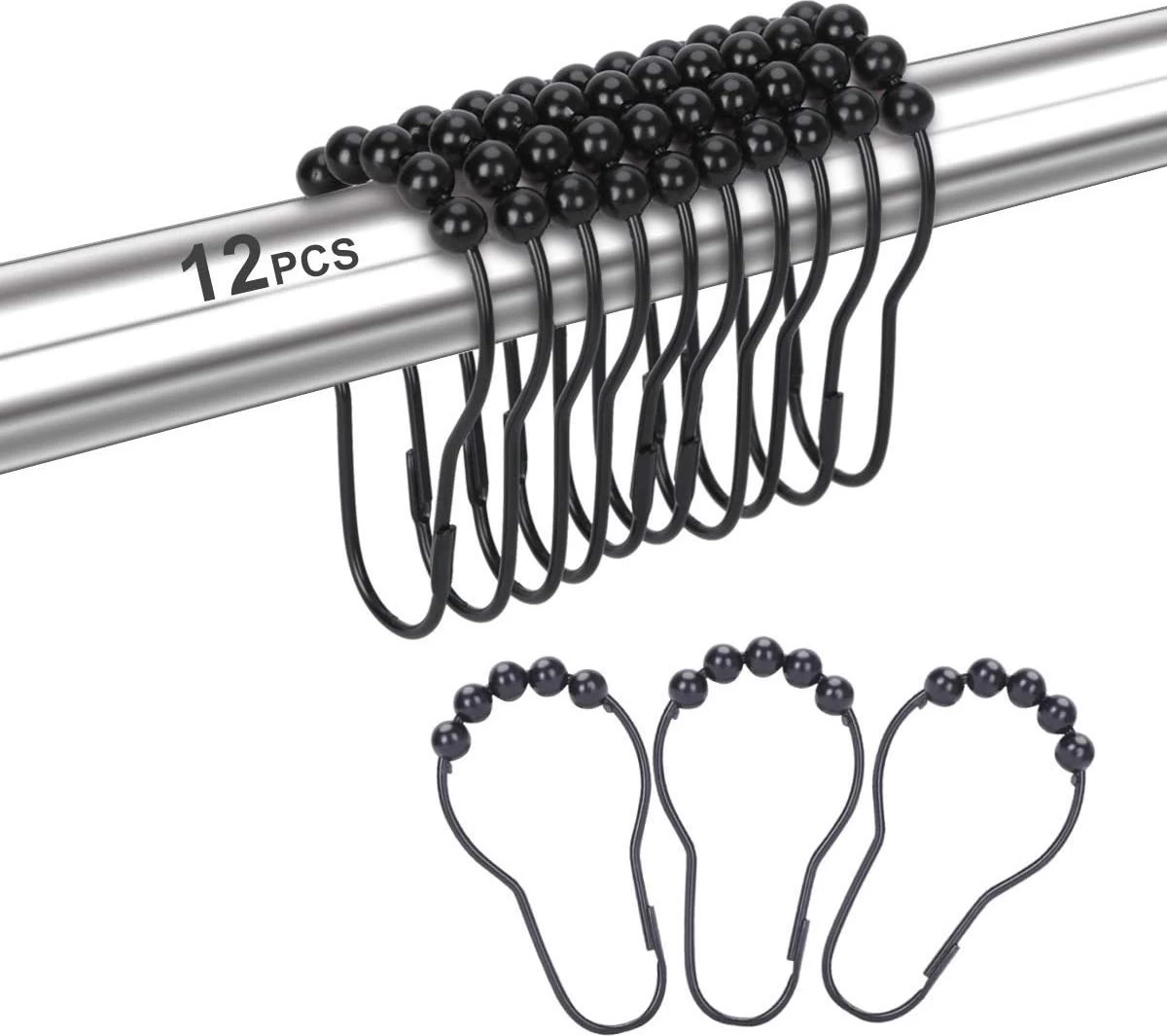 BOTC Gordijnringen - 12 Stuks Gordijn Haken - Gordijnhaken- RVS Gordijn Ringen Voor Gordijn Roede - Zwart