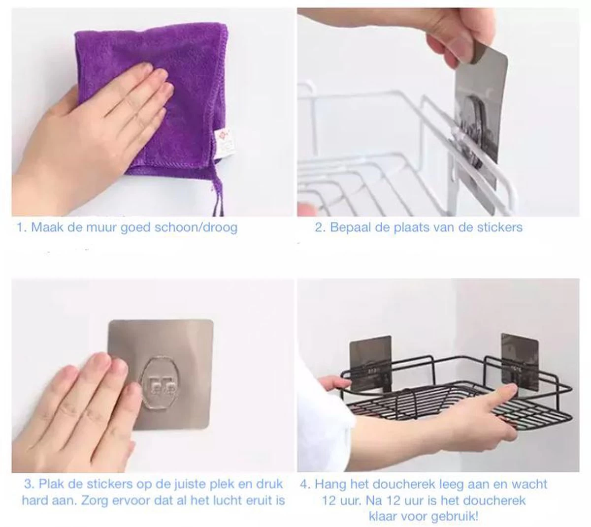 HomeBasics Zelfklevend Doucherek | Zwart | Zonder Boren | Doucherek Met Zuignap | Zuignappen | Doucherek Hoek | Badrek | Douchemandje | Keukenrek | Specerijenrek | Kruidenrek - Afbeelding 2