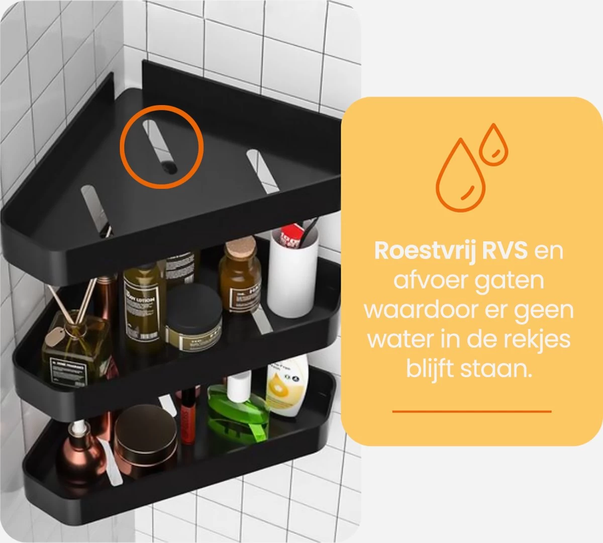 Goliving Doucherek 2 Laags - Doucherek Zonder Boren - Doucherekje Hoek - Douchemandje - Badkamerrek - Badkamer Accessoires - Zwart - Afbeelding 4