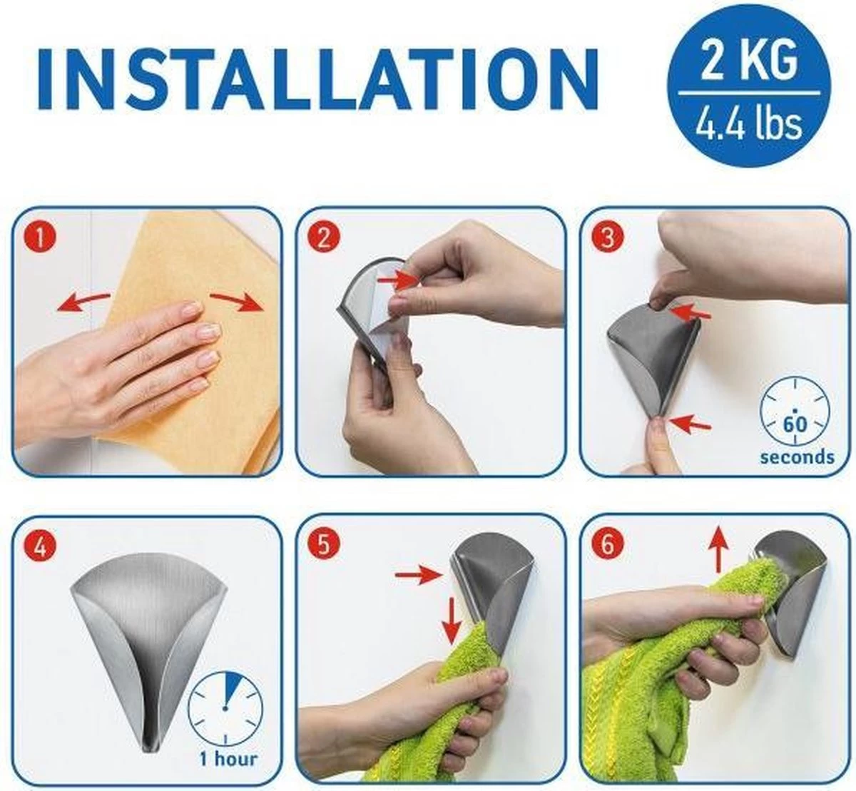 Zelfklevende Handdoekhouder Haakjes Set - Wand Ophang Haak Zelfklevend -Handdoekklem Keuken Ophanghaak Zonder Boren - Wand Theedoek / Handdoek Klem Houder - RVS - Set Van 4 Stuks - EVA - Afbeelding 4