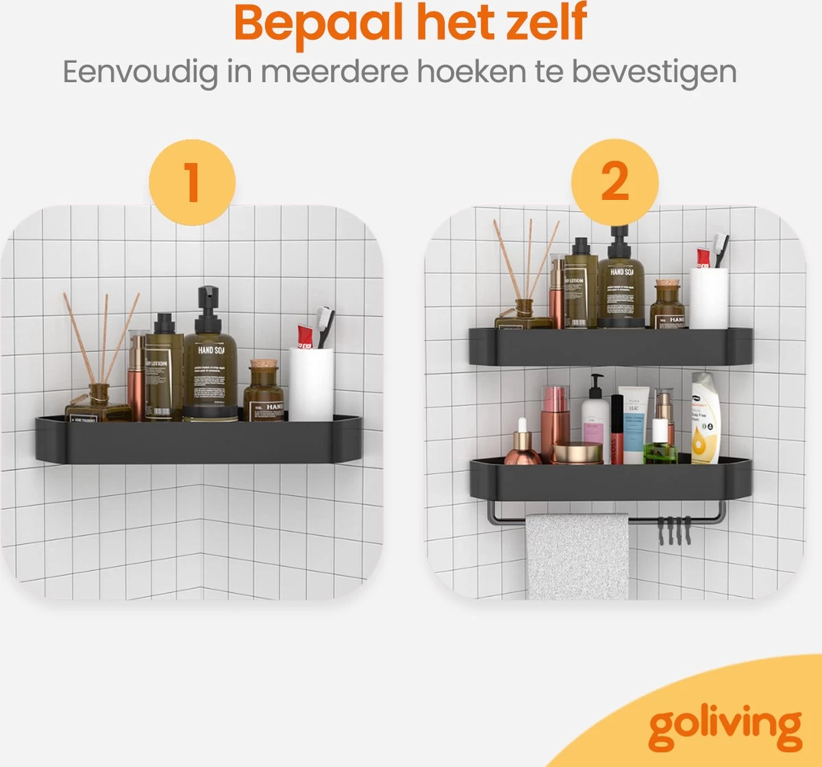 Goliving Doucherek 2 Laags - Doucherek Zonder Boren - Doucherekje Hoek - Douchemandje - Badkamerrek - Badkamer Accessoires - Zwart - Afbeelding 5