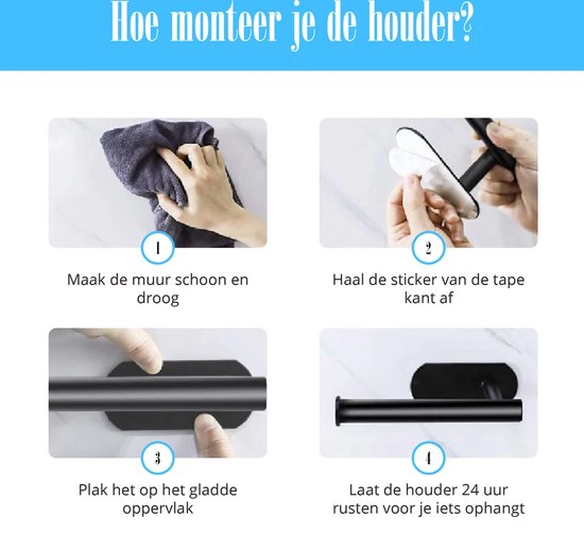Flusive Toiletrolhouder Met 4 Handdoekhaakjes - Wc Rolhouder - Zelfklevend Zonder Boren - RVS - Zwart - Afbeelding 5