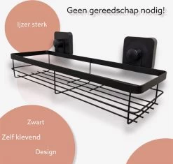 Merkloos Zelfklevend Zwart Doucherek - Ophangbaar Badrek Met Zuignap - Hangend Badkamer Rekje - Douchemandje Voor Muur/Wand Bevestiging