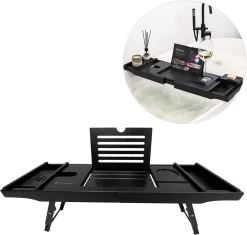IMoshion Badplank Voor In Bad - Dienblad Inclusief Pootjes - Tablet Houder - Badrek Uitschuifbaar 75 Tot 110 Cm - Zwart