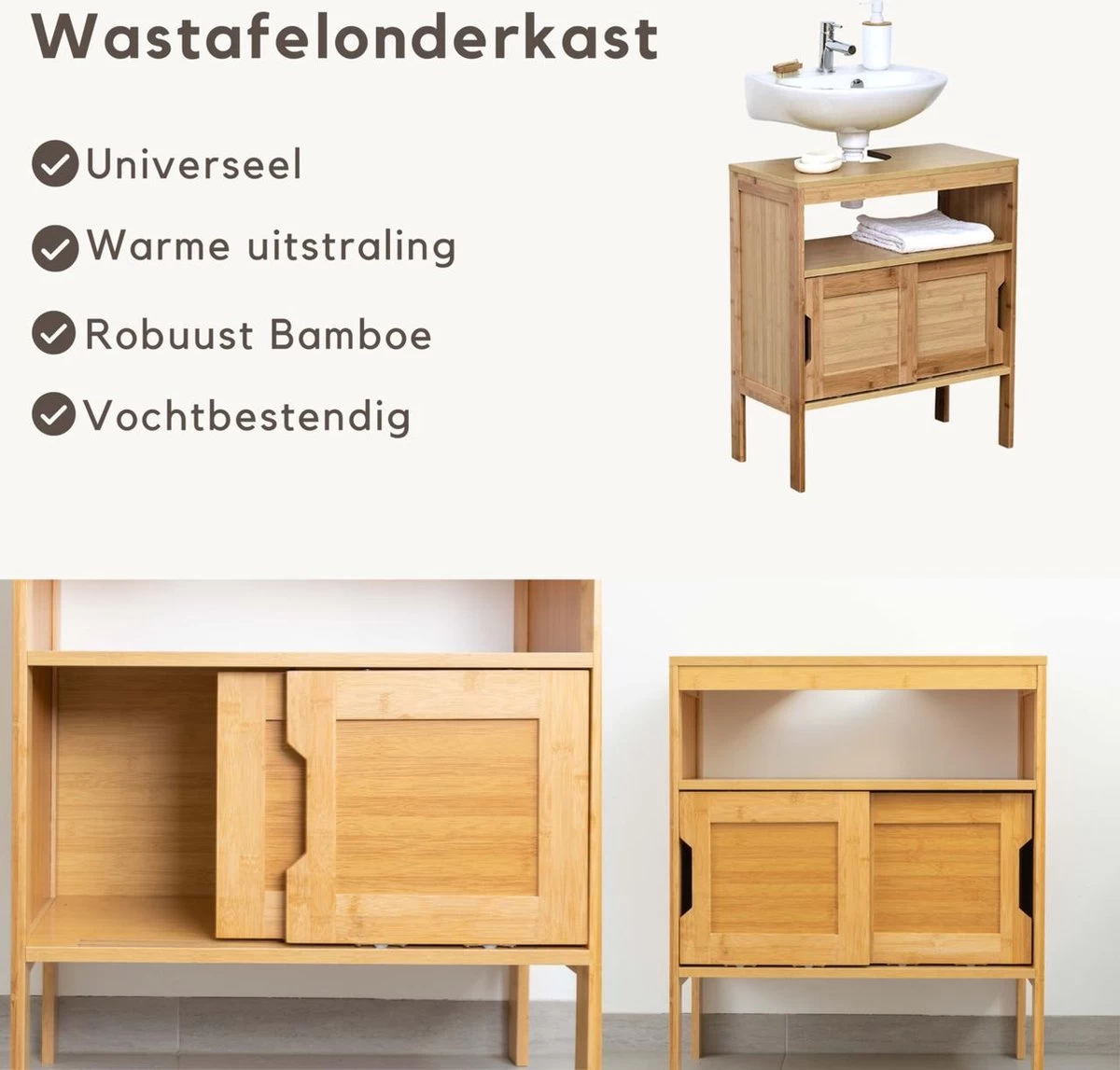 Wastafel Onderkast - Wastafelmeubel - Badkamerkast - Wastafelkast - H70 X B60 X D30 - Bamboe - Afbeelding 2