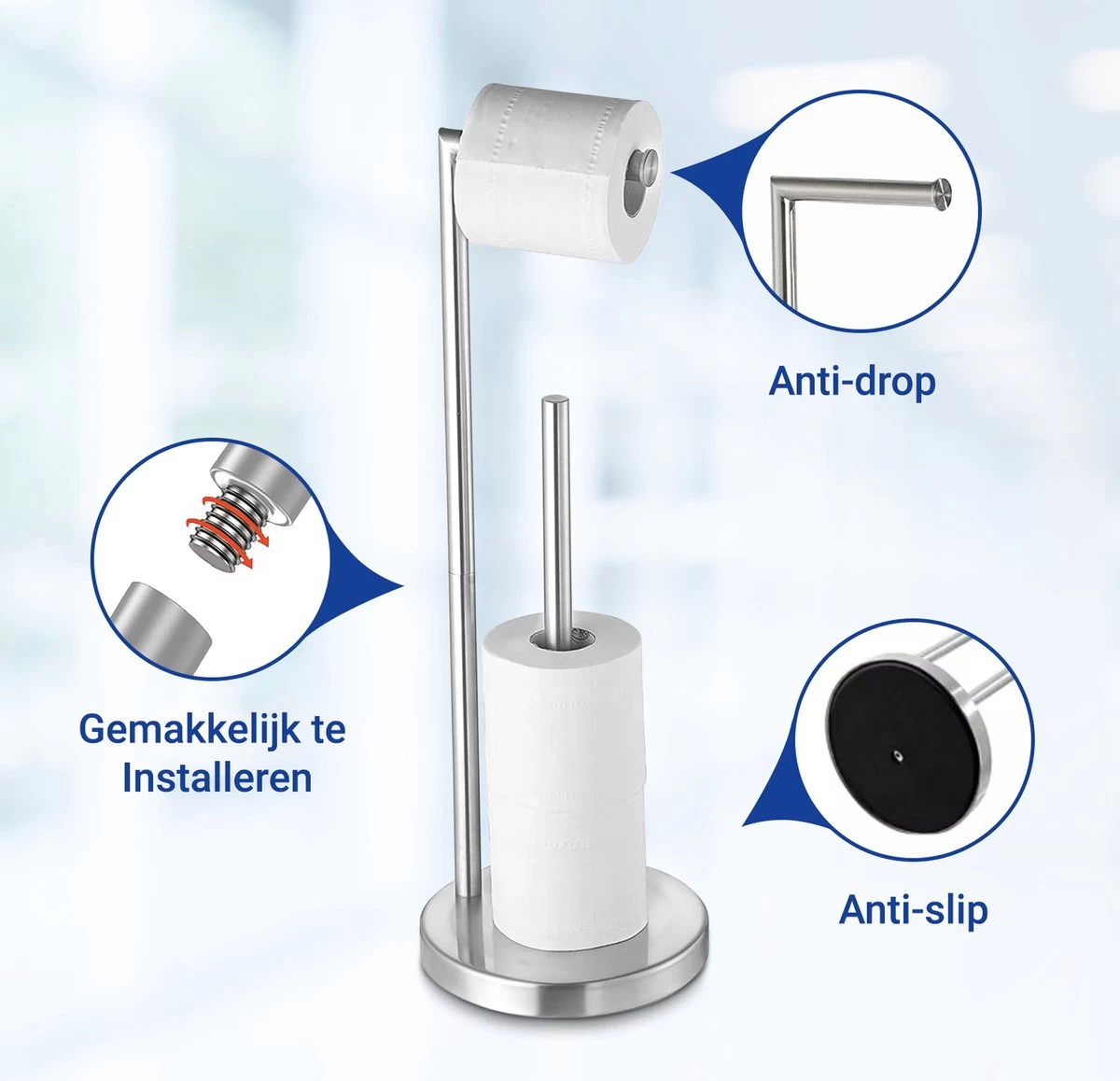 VDN Stainless Wc Rolhouder Staand - Toiletrolhouder En Reserverolhouder - RVS - Geschikt Voor 3+1 WC Papier Rollen - 2 In 1 - Afbeelding 2