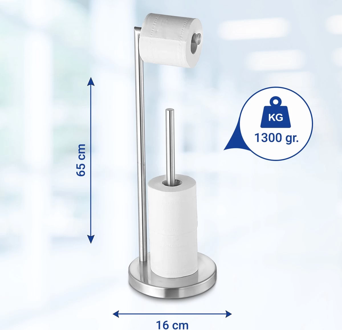 VDN Stainless Wc Rolhouder Staand - Toiletrolhouder En Reserverolhouder - RVS - Geschikt Voor 3+1 WC Papier Rollen - 2 In 1 - Afbeelding 3