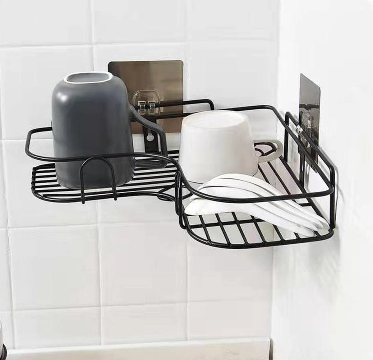 HomeBasics Zelfklevend Doucherek | Zwart | Zonder Boren | Doucherek Met Zuignap | Zuignappen | Doucherek Hoek | Badrek | Douchemandje | Keukenrek | Specerijenrek | Kruidenrek - Afbeelding 4