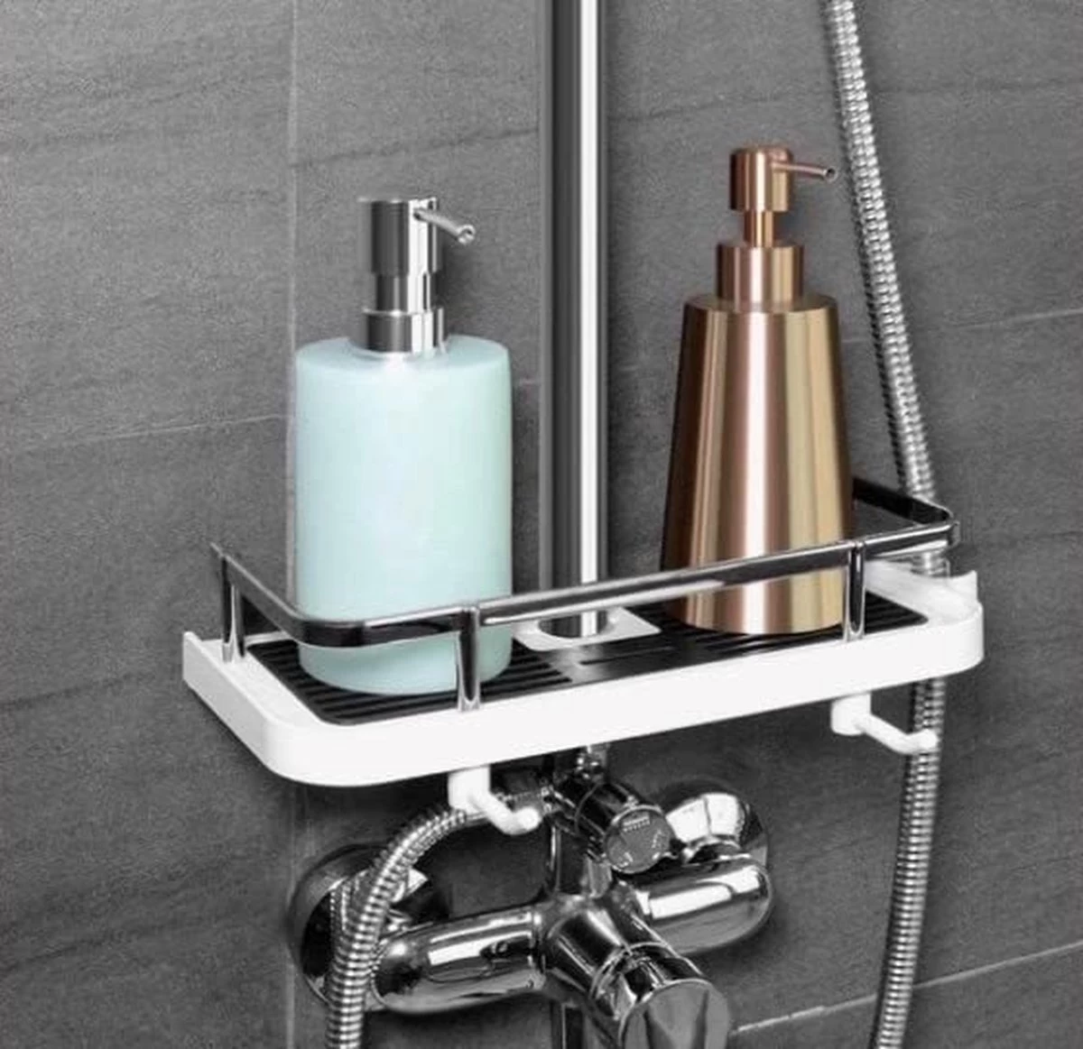 Merkloos Doucherek Zonder Boren –Douchemand- Badkamerrek-Doucheplank- Badkamer Organiser- Doucherek Hangend-Doucherek Zwart – Doucherek Hangend – Badkamer Organizer – Douche Organizer - Doucherekje - Doucherekje Zonder Boren-Zilver-Zwart-Wit - Afbeelding 4