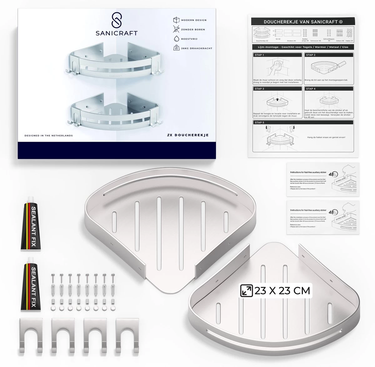 Sanicraft® Doucherekje - Doucherekje Zonder Boren - Geschikt Voor Elk Type Muur - Doucherekje Hangend - Doucheplank - Doucherekje Hoek - Doucherekje Zilver - Afbeelding 5