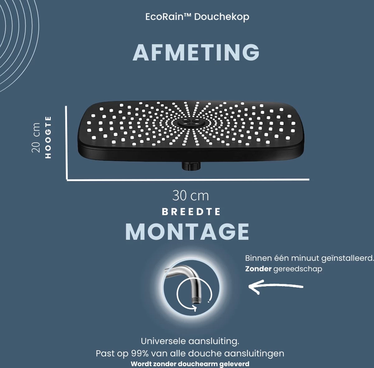 EcoRain – Regendouchekop XL 30 CM – Waterbesparende Douchekop – Hoge Druk – Rechthoekig – Groot – Regendouche - Zwart - Afbeelding 7