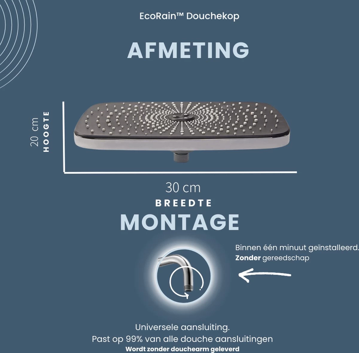 EcoRain – Regendouchekop XL 30 CM – Waterbesparende Douchekop – Hoge Druk – Rechthoekig – Groot – Regendouche - Chrome - Afbeelding 8