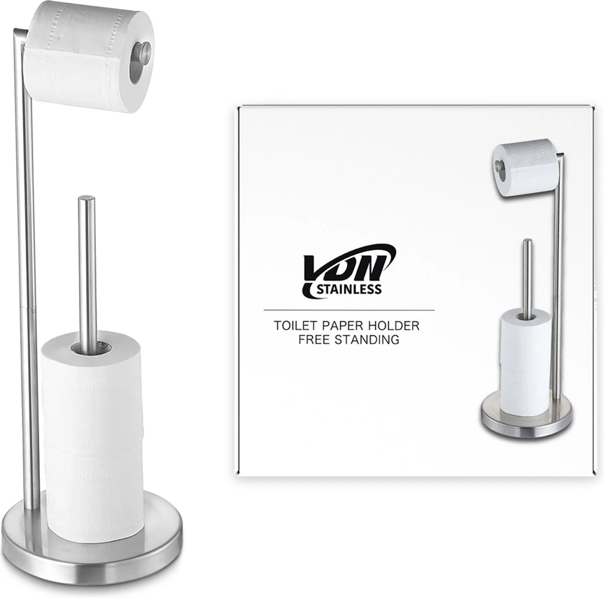 VDN Stainless Wc Rolhouder Staand - Toiletrolhouder En Reserverolhouder - RVS - Geschikt Voor 3+1 WC Papier Rollen - 2 In 1 - Afbeelding 6