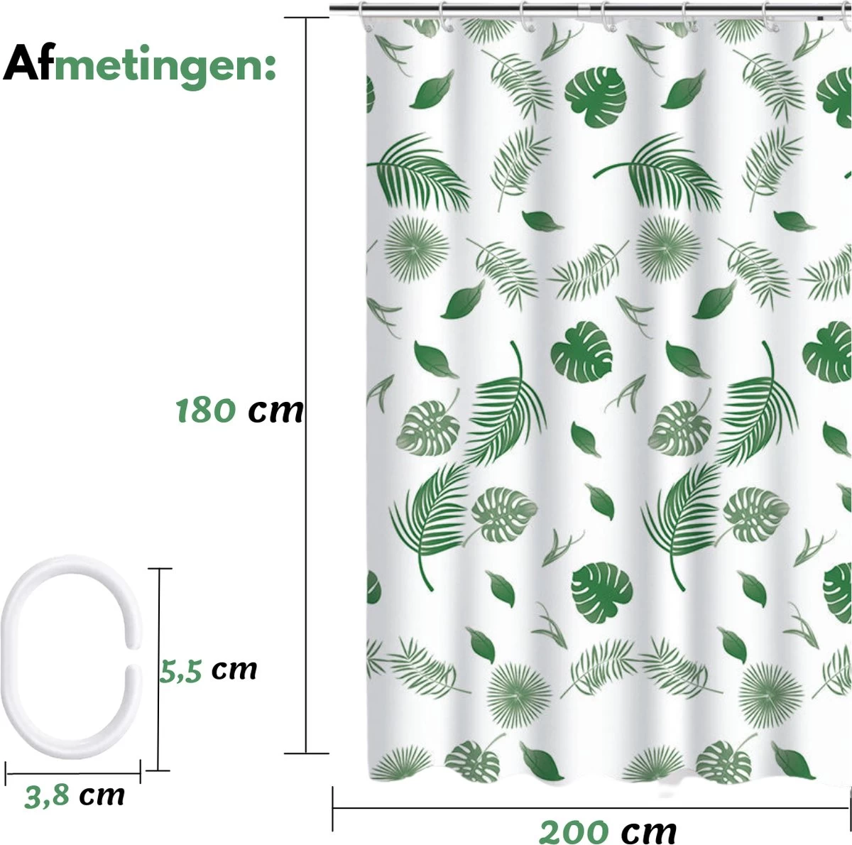 VAIVE Douchegordijn Groen 180x200 - Anti Schimmel - Douchegordijnen - Ringen - Afbeelding 5