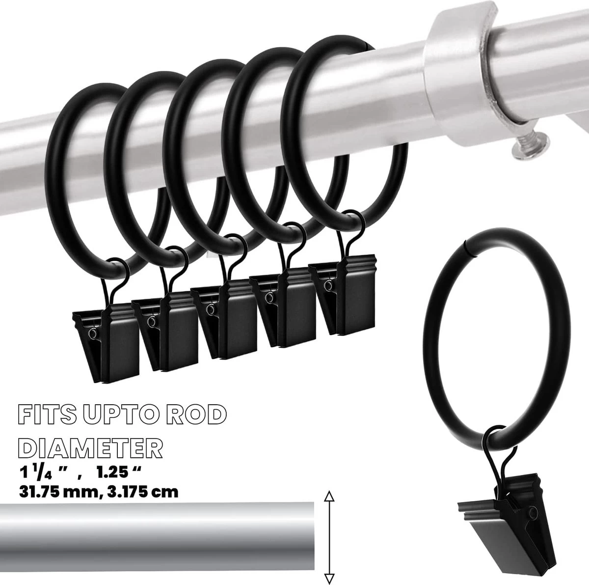 BOTC Gordijnringen Met Klem - 38 MM - Zwarte - Sets Van 20 Stucks - Afbeelding 2