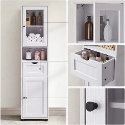 Badkamerkast, Hoge Kast, Open Vak, Glazen Deur, Smalle Badkamermeubels, Badkamermeubels Met Voeten, In Hoogte Verstelbare Planken, 40 X 30 X 165 Cm, Lichtgrijs Met Houtnerf