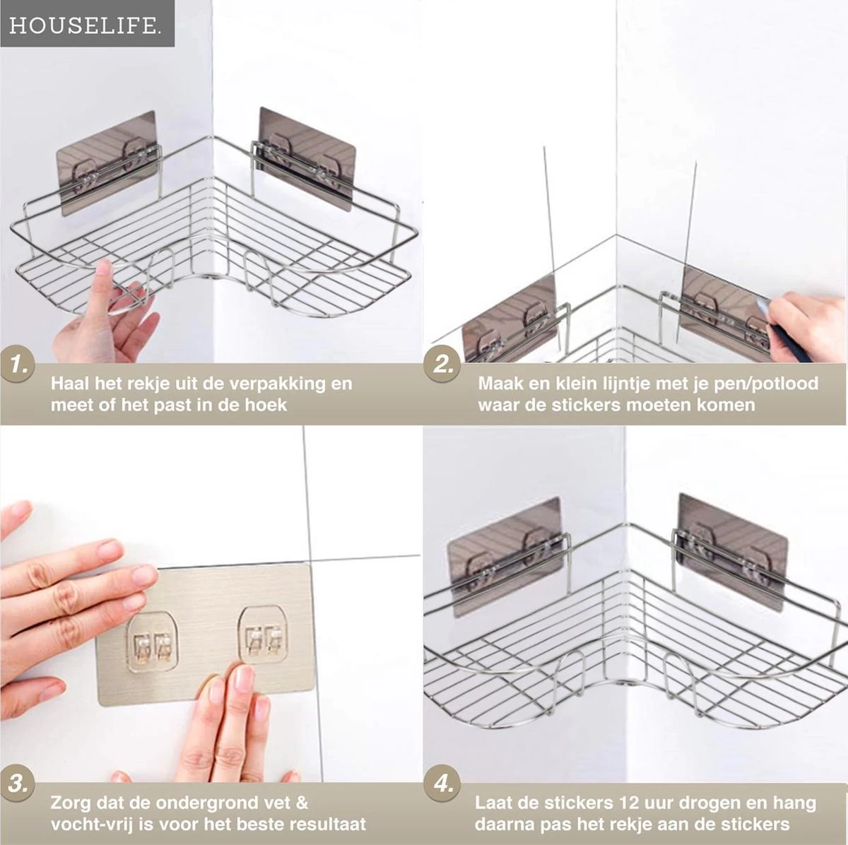Doucherek Zonder Boren - RVS - Zelfklevend Doucherekje - Hangend – Hoek – Inclusief 2 Muurstickers - Afbeelding 8