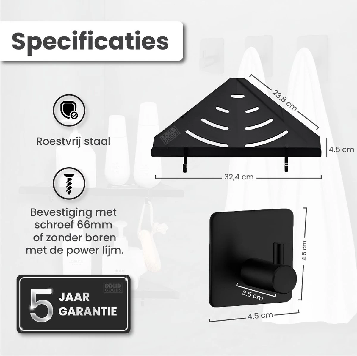 Dubbele Doucherek Zwart Zonder Boren – Sterke Lijmbasis - Badkamer Rek – Hoek – Doucherekjes – Incl. Schroeven – Incl. 2 Haken - Afbeelding 9