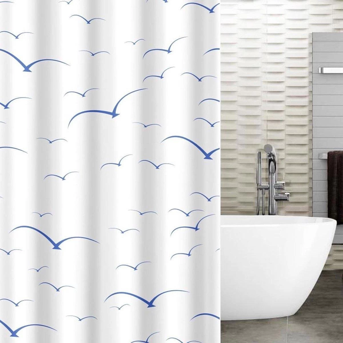 Tatkraft Seagulls - Luxe Waterdicht Douchegordijn - Met GRATIS 12 Ringen - Anti-Schimmel Badkamer Douche Gordijn - Sneldrogend & Anti Schimmel - Wasbaar & Duurzaam Shower Curtain - 100% Polyester - Meeuwen Design - 180X180 CM