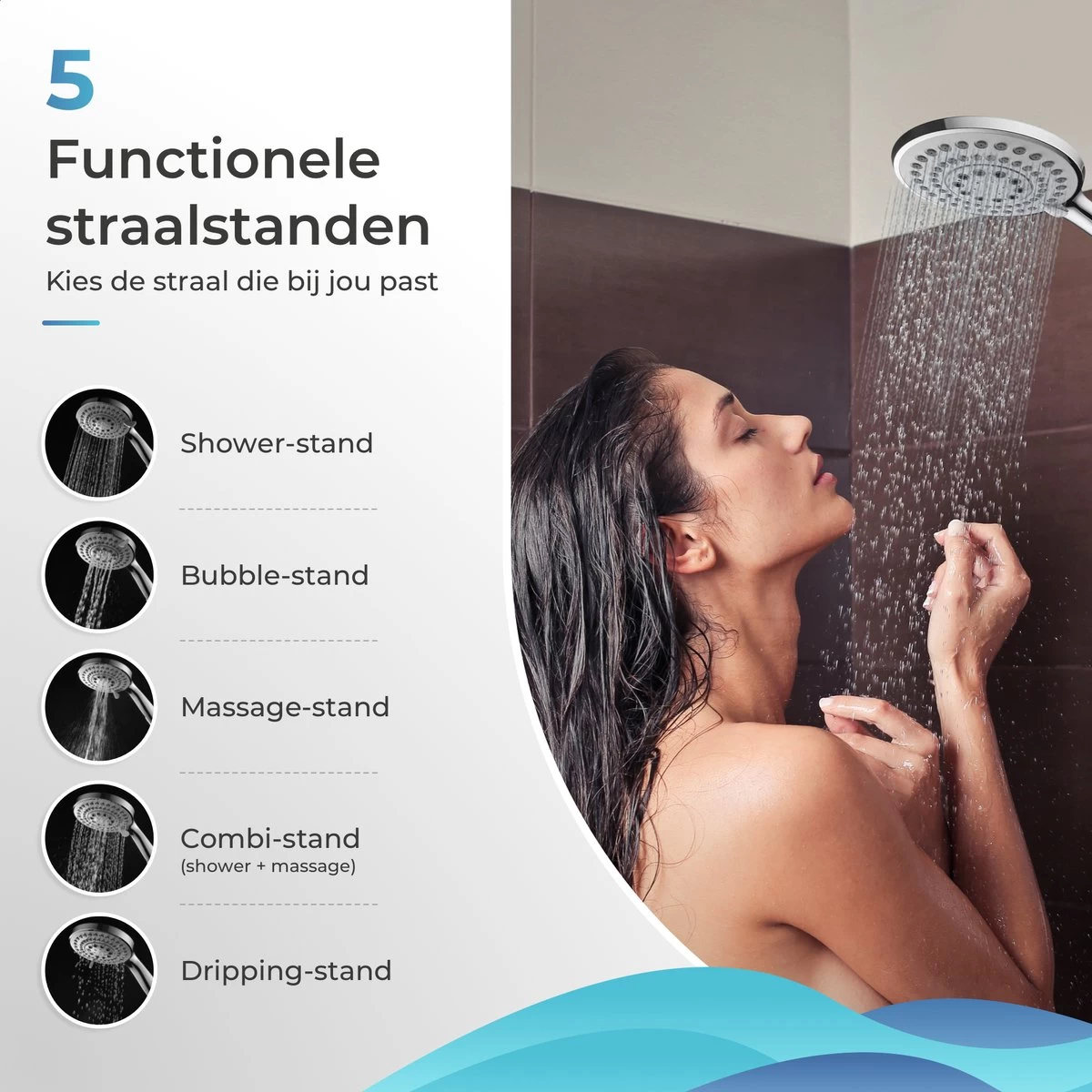 TUBSUN Waterbesparende Douchekop - Handdouche - Regendouche - 50% Waterbesparend - 5 Sproeistanden - Afbeelding 2