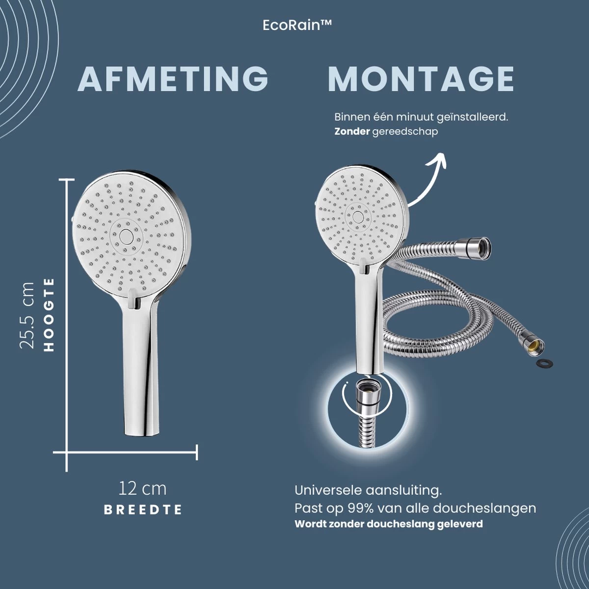EcoRain™ Waterbesparende Douchekop Mark Met WATERFILTER - 50% Waterbesparend - Regendouche - 5 Sproeistanden - Hoge Druk - Betere Huid - Handdouche - Luxe Moderne Douchekop - Hoge Kwaliteit - Chrome - Afbeelding 2