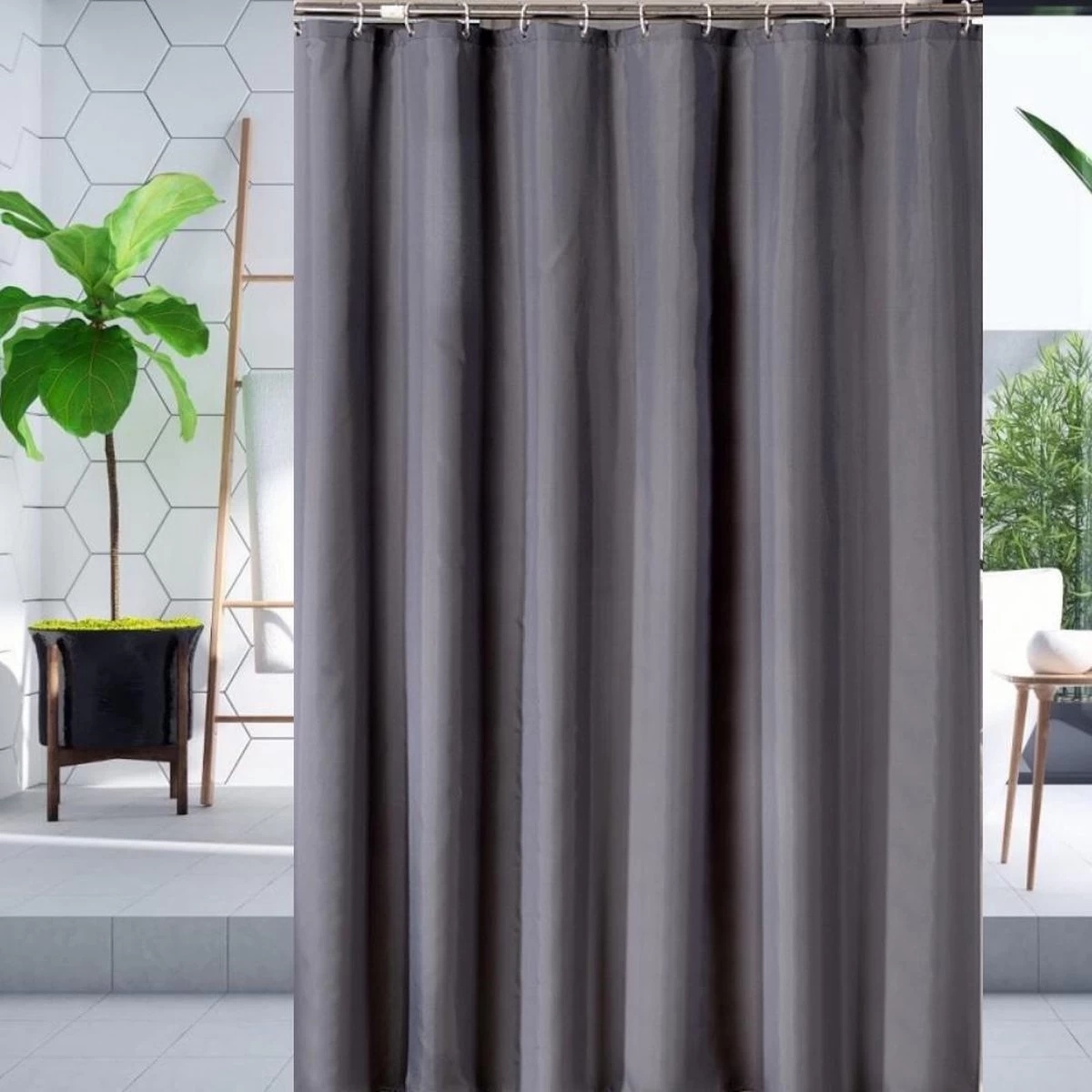 Su.B.dgn Douchegordijn 120x180 Anti Schimmel Polyester Badkamer Douchegordijn Wasbaar Met 12 Ringen | Grijs - Afbeelding 2