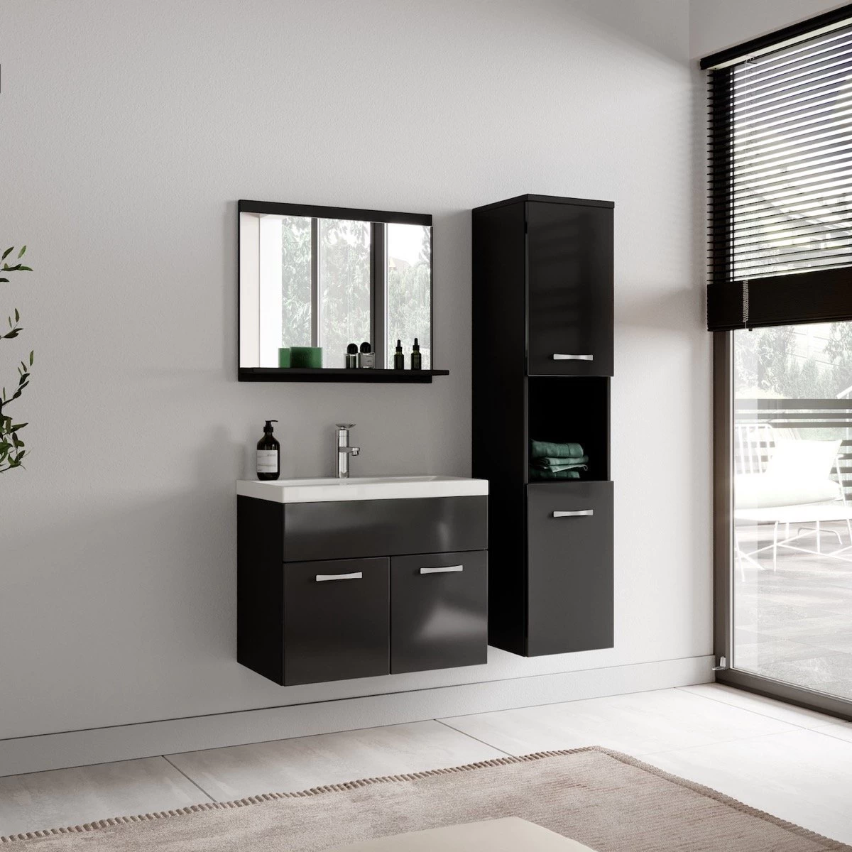 Badplaats Badkamermeubel Set Montreal 60 Cm X 35 Cm - Zwart Hoogglans - Badmeubel Met Spiegel En Zijkast - Afbeelding 6