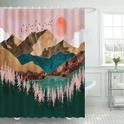 Ulticool Douchegordijn - Natuur Zon Bergen Bohemian - 180 X 200 Cm - Semi Transparant - Met 12 Ringen Wit - Anti Schimmel - Bruin Roze Groen