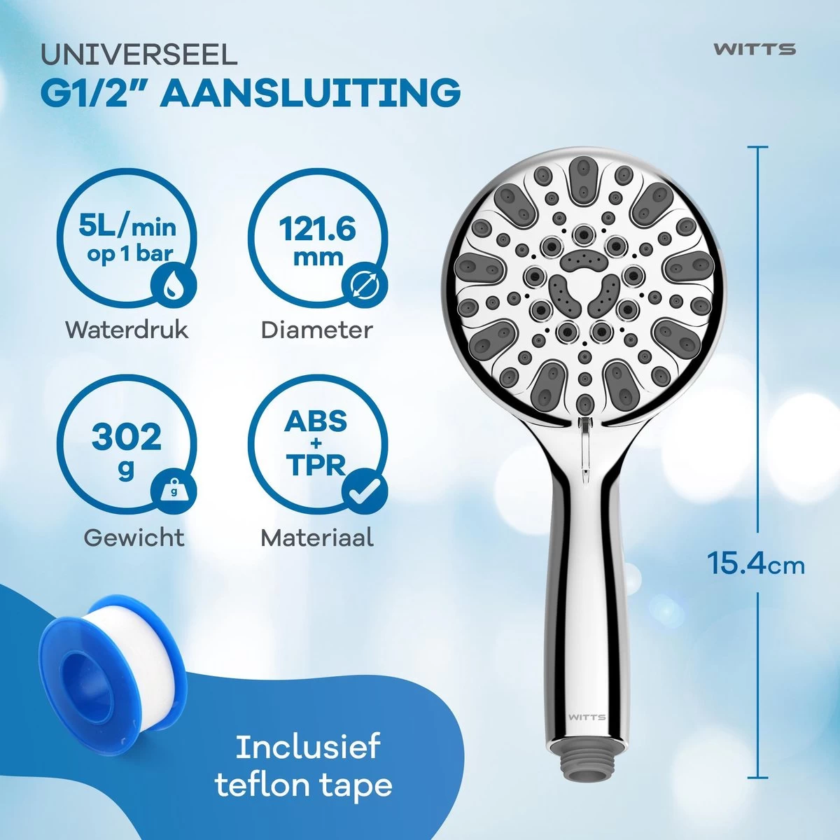 WITTS Douchekop - Waterbesparend - Hoge Kwaliteit - Handdouche ø 12cm - 6 Standen - Afbeelding 2